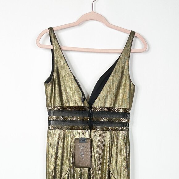 NWT Flash by Mac Duggal Illusion Waist D V-Neck Gown 8 Antique Gold #8057 - Picture 5 of 11